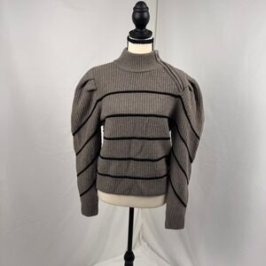 ba&sh Lady Pullover Women Size M Chamois Brown Stripe Puff Shoulder Zip Wool Yak